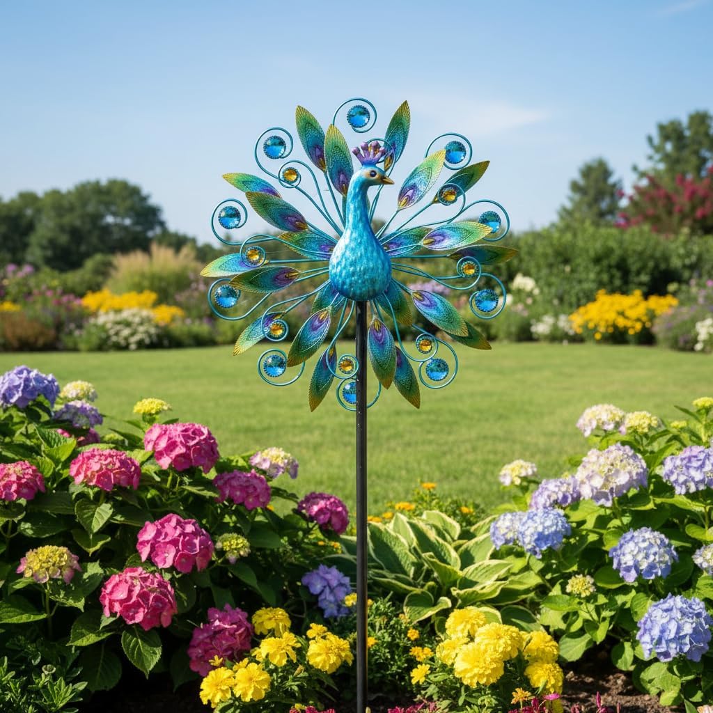 Outdoor Wind Spinner 58" Metal Peacock Wind Spinner Double Peacock Wind Sculpture for Garden Yard Patio Decoration