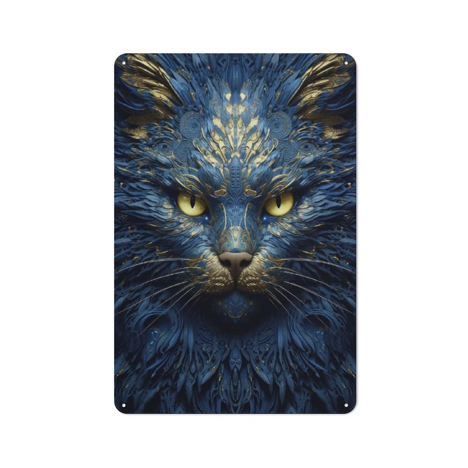 Junmoney Style-24 Metal Plaque 30X20cm With Blue Tribal Cat For Pub Or Café, Vintage Decor, For Vintage Wall Decor Fans, For Metal Sign Collectors
