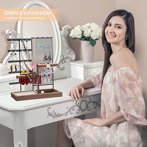 Vista 2 de ZOOS Soporte organizador de joyas de 5 niveles organizador de aretes con soporte para anillos y bandeja de madera, soporte de joyería para venta