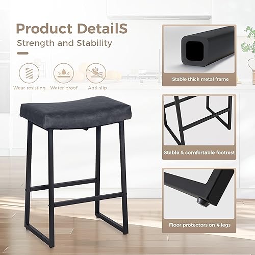 Miniatura 4 de MAISON ARTS Juego de 4 taburetes de bar negros de 24 pulgadas de altura de mostrador para cocina, taburetes de bar modernos sin espalda, tapizados