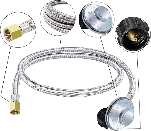 Miniatura 2 de Regulador de propano y manguera para piezas de repuesto universales de regulador de parrilla, manguera trenzada de acero inoxidable de 4 pies,