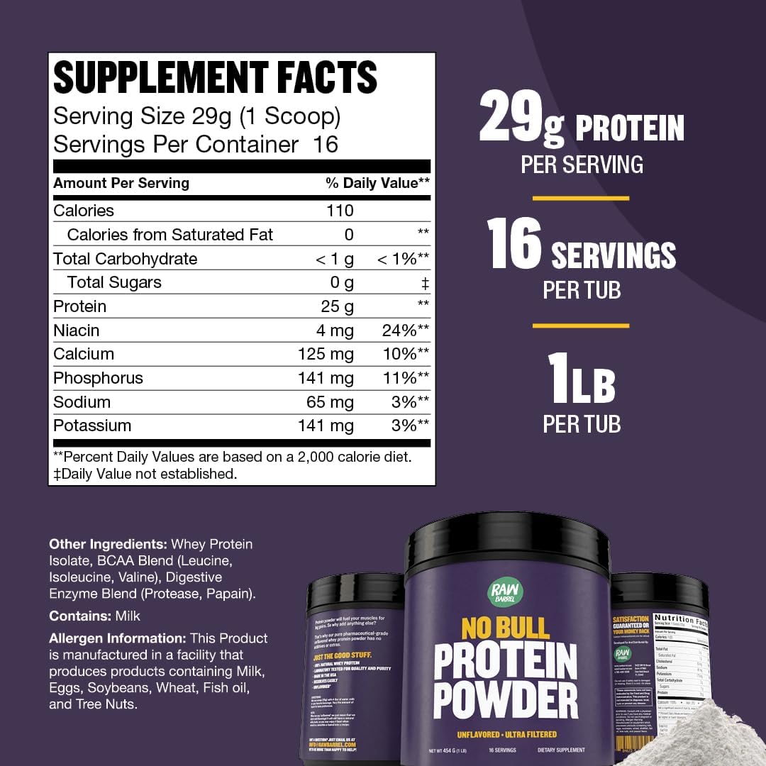 1lb No Bull Unflavored Whey Protein Powder, Pure, Instantized Whey Supplement,High Protein, Low Carb, No Fillers, No Additives, Flavorless