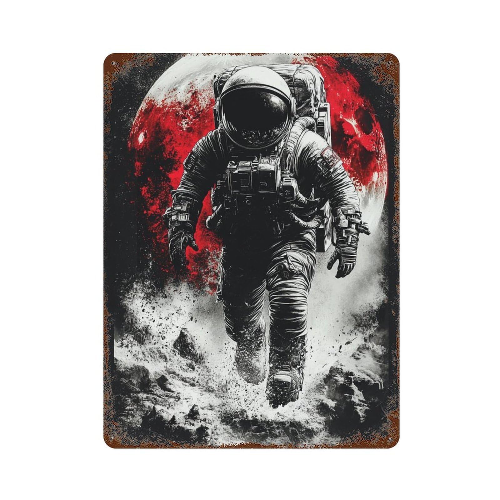 Garage Style Astronaut on The Moon Distressed Metal Wall Sign 15.7"x11.8", Retro Wall Decor for Bar And Workshop