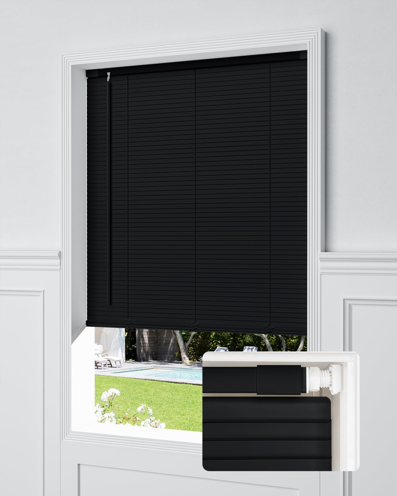 No Tools No Drill Cordless Mini Blinds, 100% Privacy L-Shaped Blades 1" Vinyl Blinds for Indoor Windows, for Windows Size (23" W × 48" H) Color (Black)