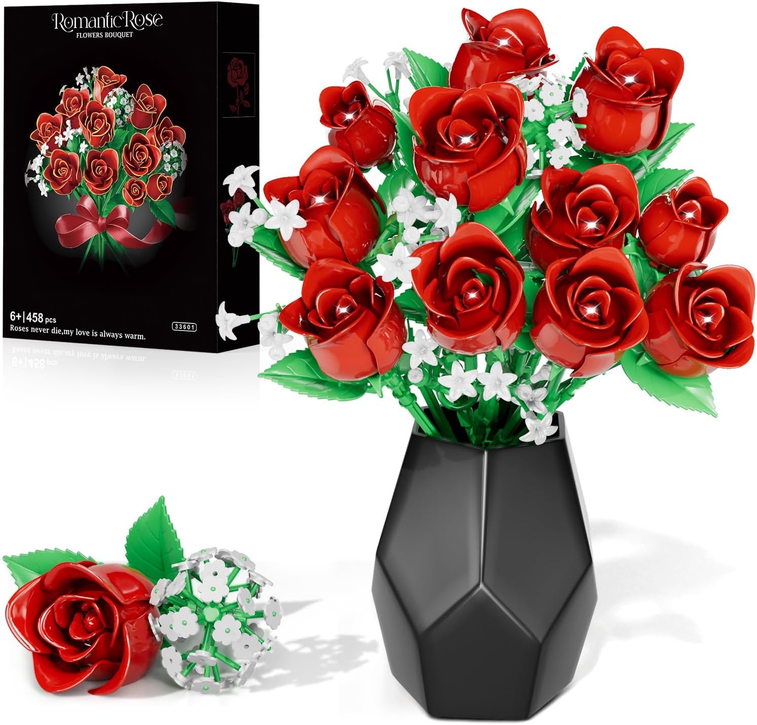 Rose Flowers Bouquet Building Kit for Adults Botanical Collection Rose Toy Kit Mother's Day/Anniversary for Mum Wife Home Office Decoration