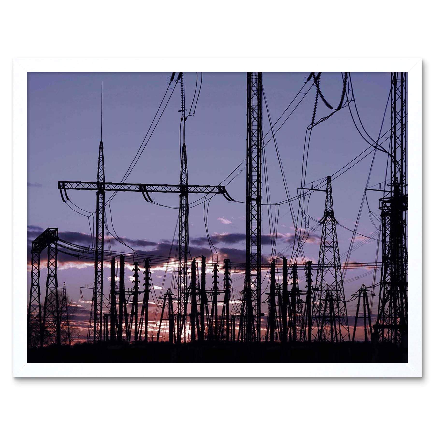 Wee Blue Coo Photo Electricity Pylons Silhouette Power Energy Sunset Art Print Framed Poster Wall Decor 12X16 Inch