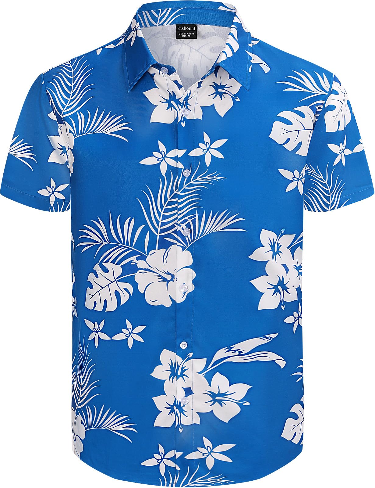 Fashonal Men's White Flower Blue Hawaiian Shirt Button Down Tropical Beach Short Sleeve Aloha Shirt, Xl