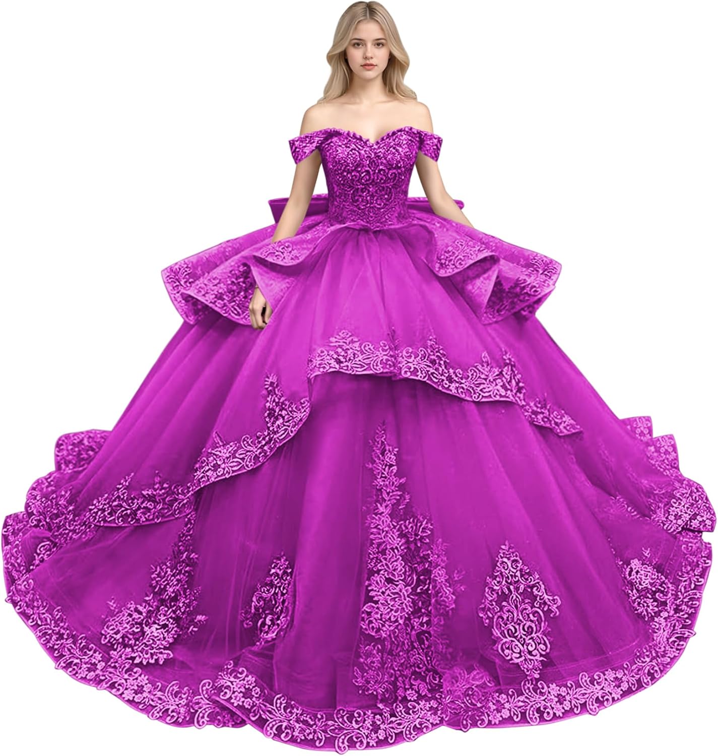 XYAYE Off Shoulder Tiered Quinceanera Dresses with Bow Lace Layered Tulle Sweet 16 Dresses Puffy Beaded Long Ball Gown
