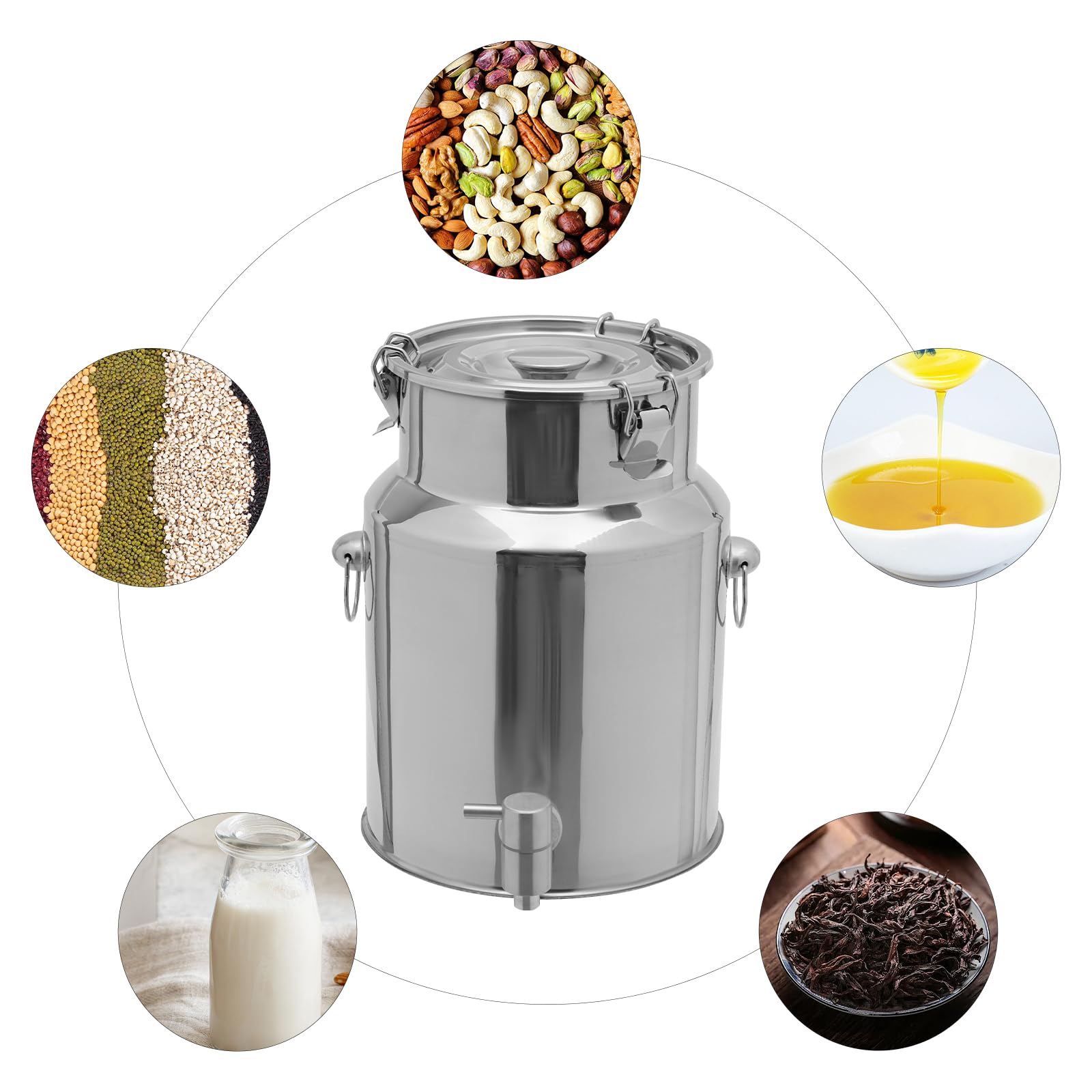 Stainless Steel Storage Bucket, Milk Can, 2.64 Gal, with Tap, Hanging Lid, with Hook, Suitable for Storing Grease, Water, Milk, Coffee