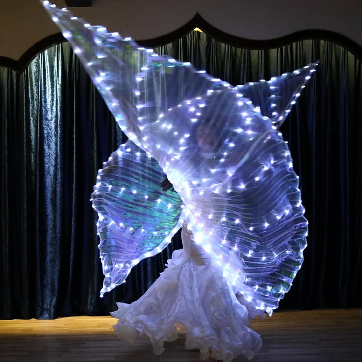 Ailes LED Isis, ailes pour danse du ventre avec ailes de papillon LED colorées et bâtons télescopiques lumineux - Costume de performance pour carnaval, scène, Halloween, Noël, fête (Adulte, Blanc