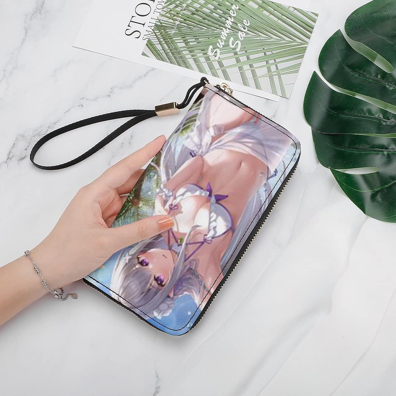 [HQERYUN] エミリア Reゼロから始める異世界生活 (19) 二つ折り財布 持ち手長財布 革財布 アニメ 漫画 プリント カ