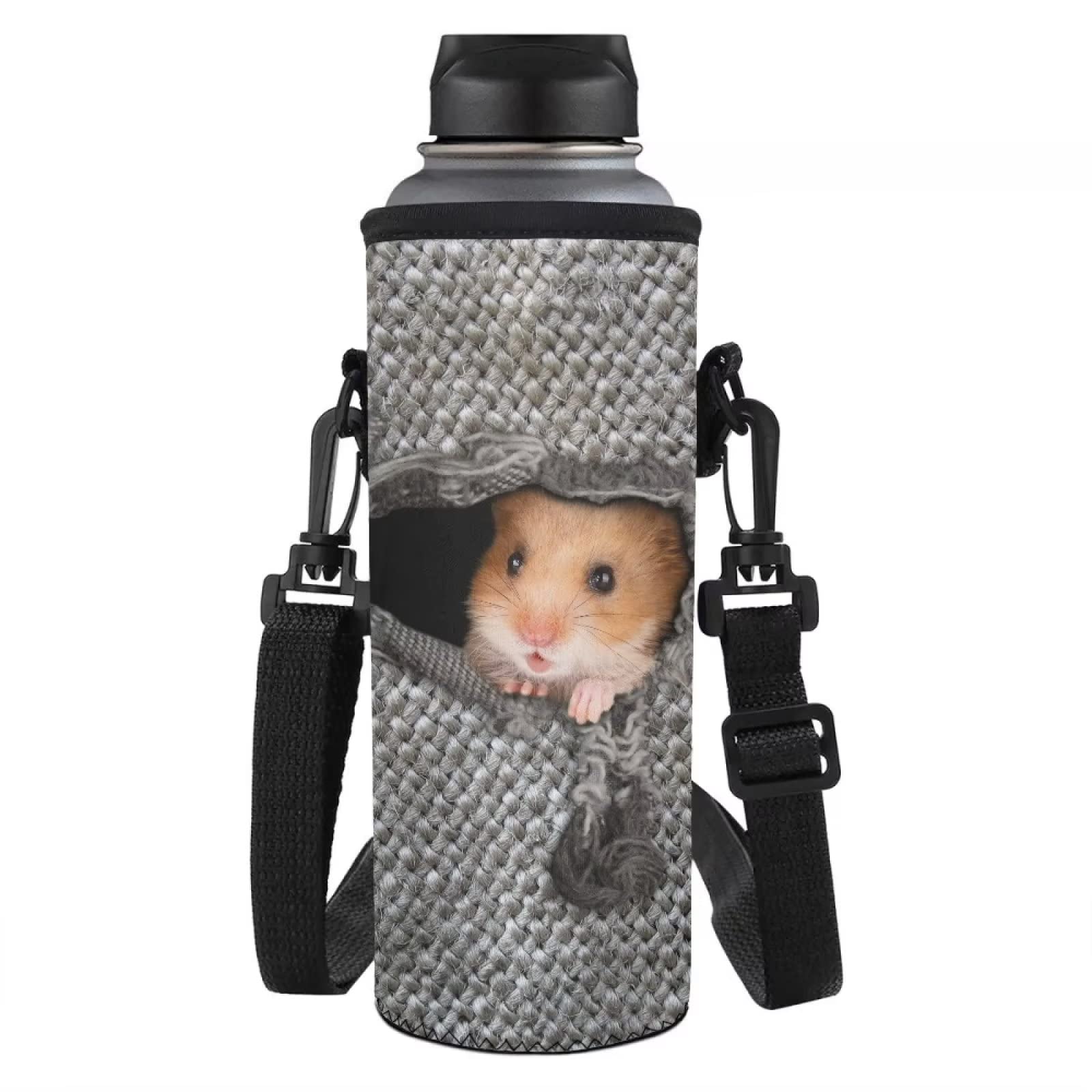 NETILGEN Insulated Water Bottle Holder Covers for Stainless Steel/Glass/Plastic Bottles,Water Bottles Carrier with Adjustable Shoulder Strap for Hiking Camping Outdoor, Linen Cloth Cat — image 1