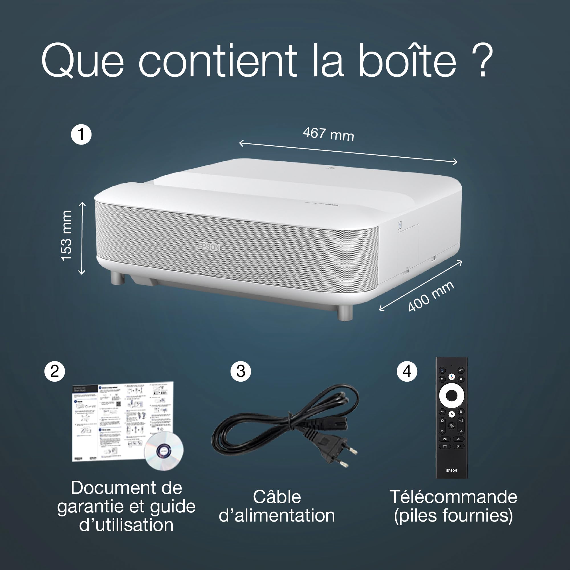 Epson EH-LS650W Video projecteur Intelligent Laser Pro-UHD 4K ultracourte focale, 3LCD, 3600 Lumens, Android TV, Chromecast, Jeux vidéo, Home Cinéma, Streaming 4K Projection jusqu'à 120” - Blanc