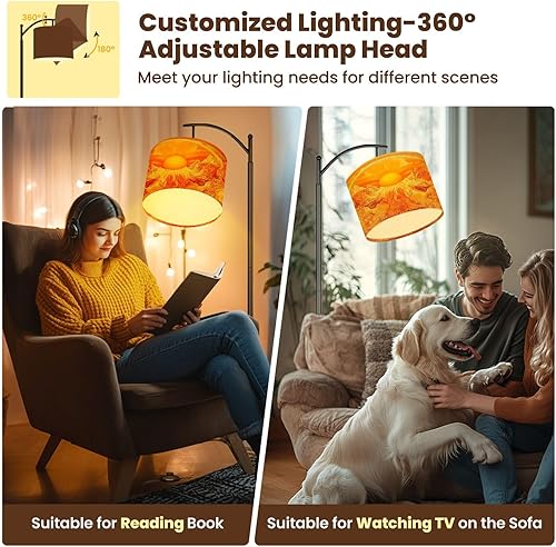 Miniatura 6 de Modern Arc Floor Lamp, Retro 70s Album Cover Art Mountains Sun Patterns Standing Lamp with Hanging Linen Shade Adjustable Foot Switch for Living