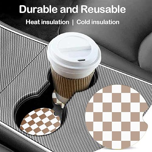 Miniatura 4 de Portavasos de cerámica de tablero de ajedrez marrón para automóvil, juego de posavasos absorbentes para interior de automóvil estético, accesorios