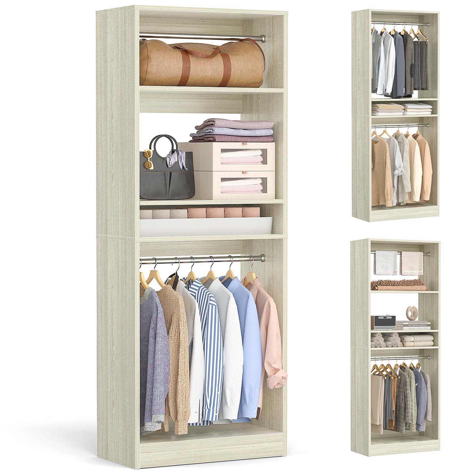 Cyclysio 2FT Closet System, 25” Wood Closet Organizer System with Hanging Rod, Small Walk-in Closets Storage Unit, Clothes Garment Rack for Small Closets, 25" W x 16" D x 80" H, Oak