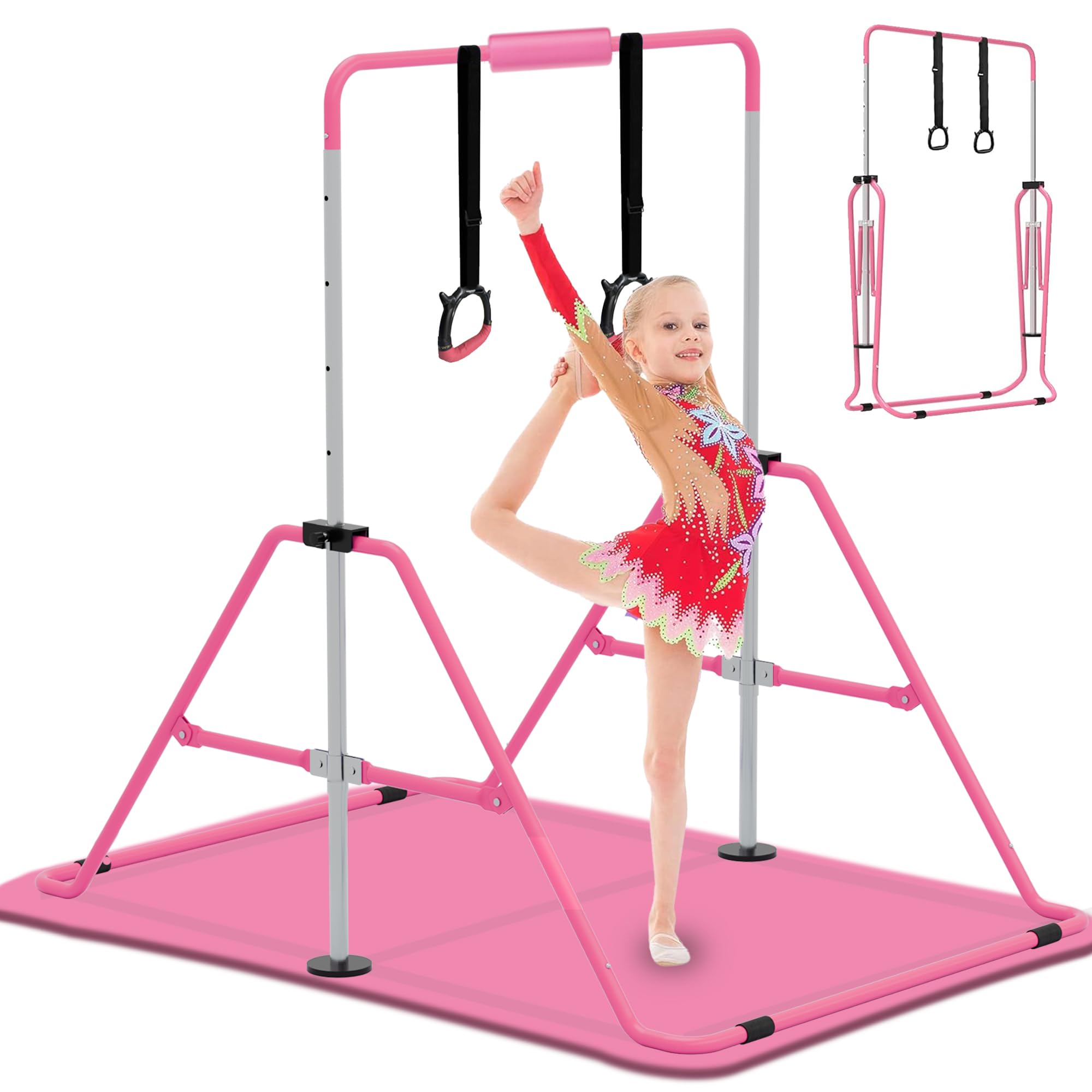EVERYMILE Gymnastics Bars with Mat & Bar Pad Gymnastics Equipment for Home,Adjustable Height Folding Horizontal Bar with Rings