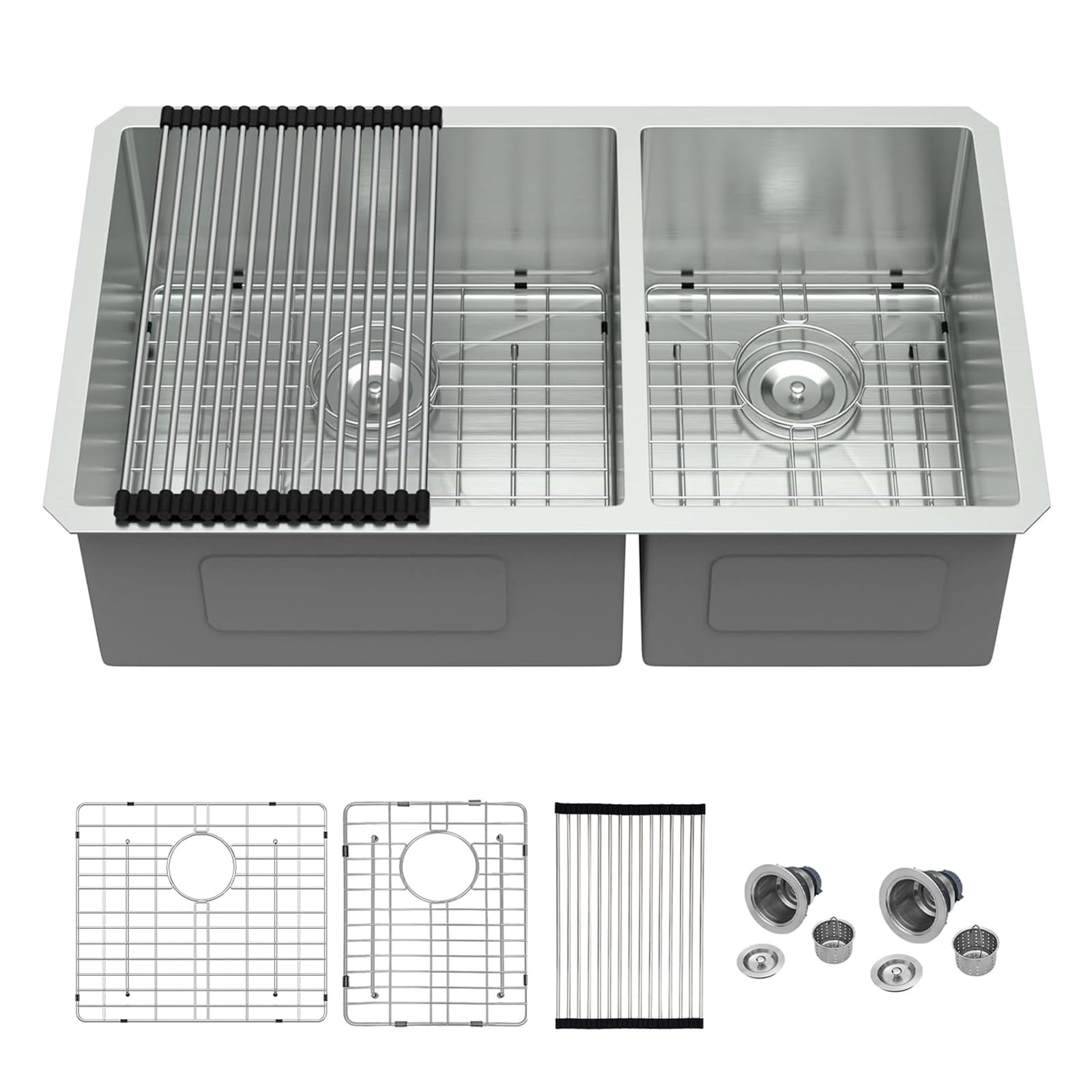 Mocoloo 33 Inch Undermount Kitchen Sink Double Bowl - 60/40 Stainless Steel Double Bowl Under Counter 16 Gauge Kitchen Sinks Handmade, 33x19x10 Inch