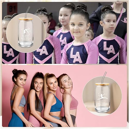 Miniatura 7 de Inbagi Juego de 6 vasos de gimnasia de 16 onzas para niñas, vasos de vidrio de gimnasia con tapas, popotes para mujeres, gimnastas, entrenadoras,