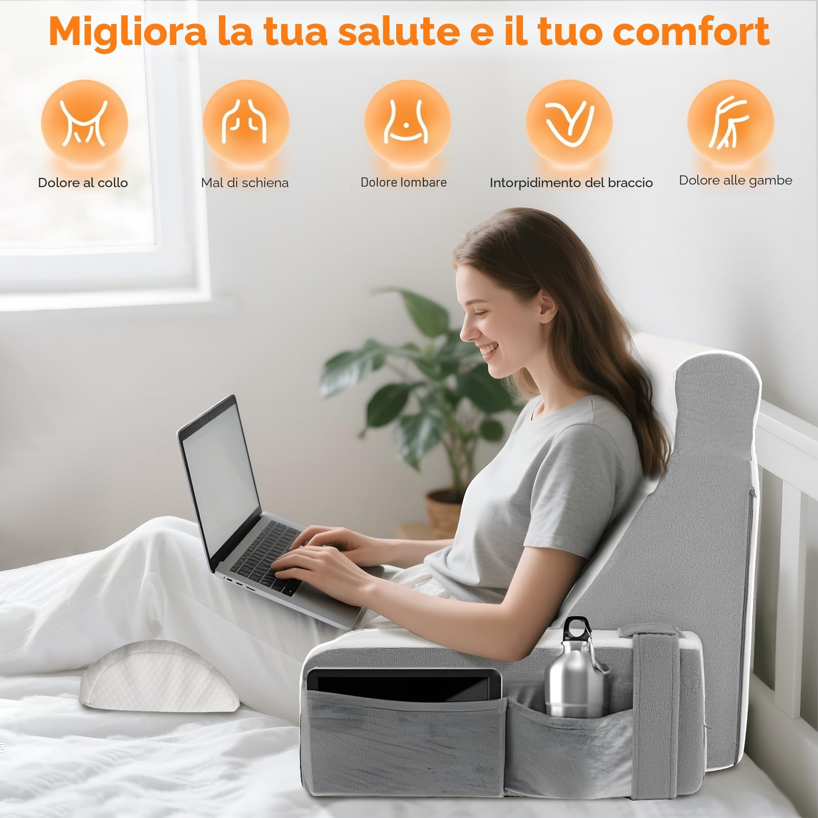 Cuscino da Lettura per Letto e Divano, Cuscino Lombare in Memory Foam con Cuscino Cervicale e Braccioli Rimovibili, Cuscino Lombare per Adulti per Leggere Guardare la TV Videogiochi