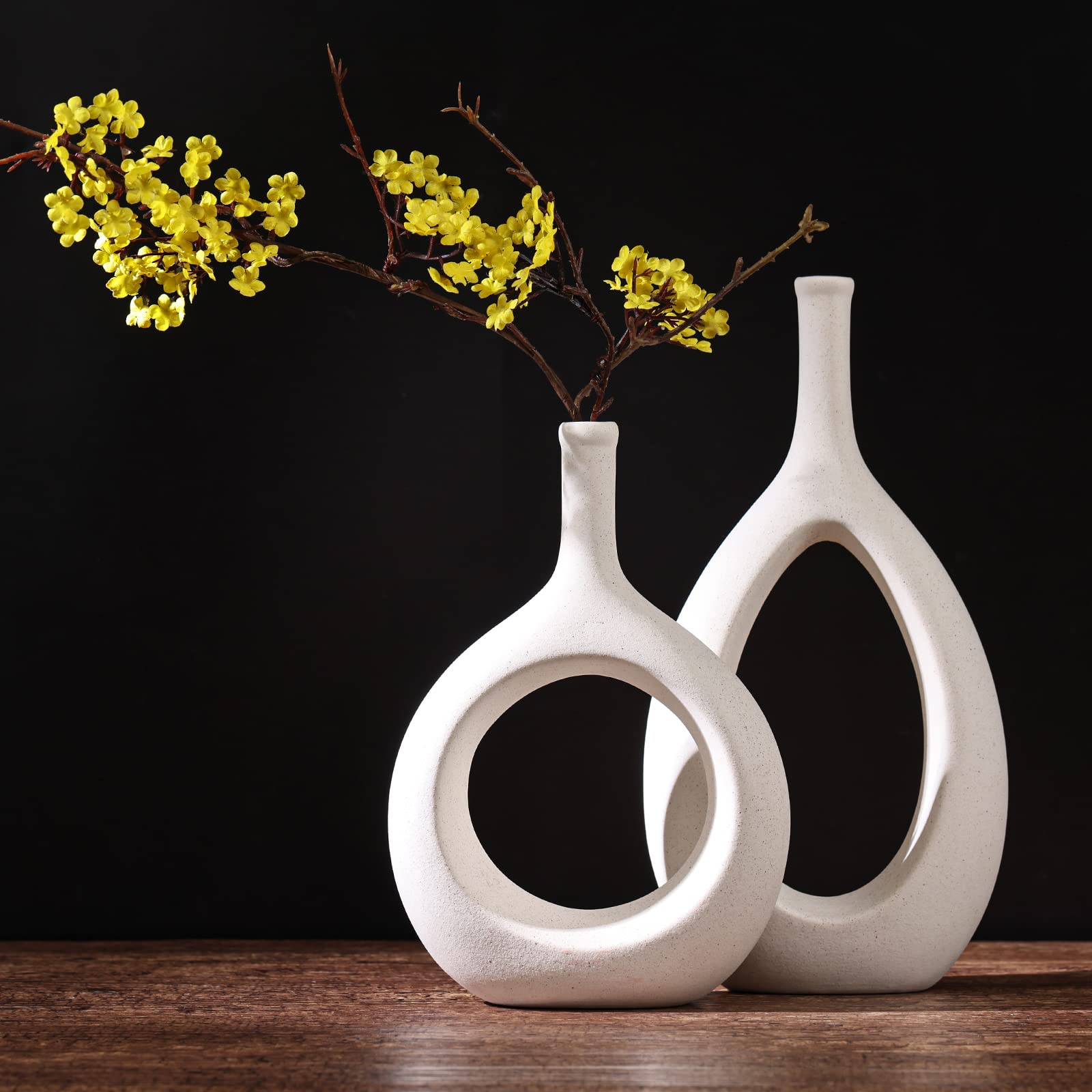 Keramik-Blumenvase, Eierschale, Set mit 2 hohlen elliptischen Vasen, Boho-Stil, rund, mit Loch, für moderne Tischdekoration, Wohnzimmerdekoration, Regal, Mid-Century-Modern-Wohnung, Eingangsbereich