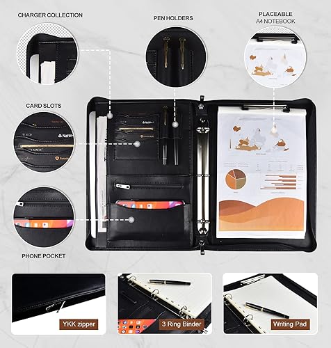 Miniatura 2 de Nombre grabado gratis Carpeta personalizada para él y ella, carpeta organizadora de 3 anillas de cuero vegano con bloc de escritura A4 con