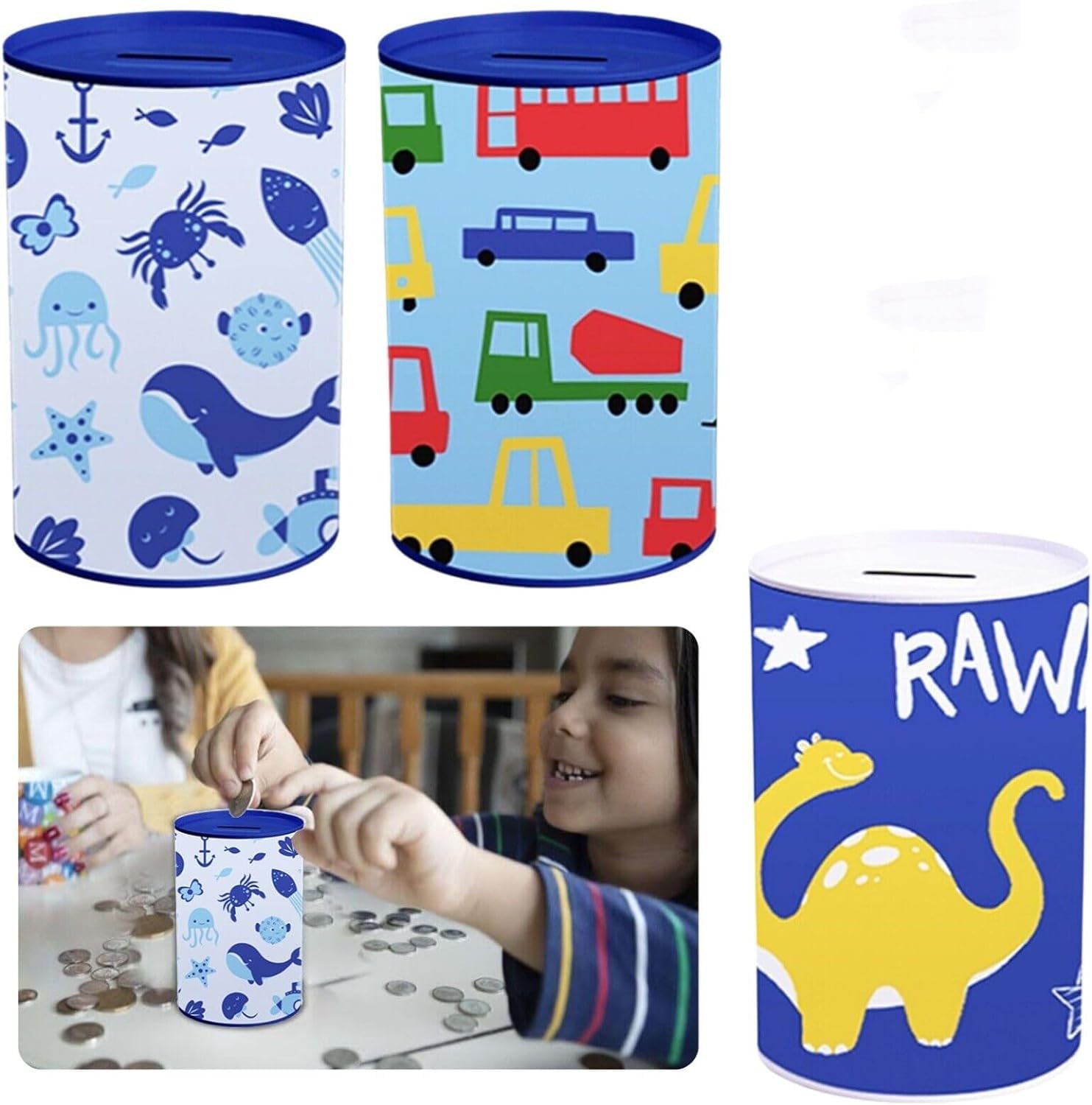 3Pcs Money Box Tins, Money Saving Money Box for Kids, Printed Bank Cash Box for Birthday, Holiday & Christmas Fund, Cash Tin Piggy Bank Charity 15cm