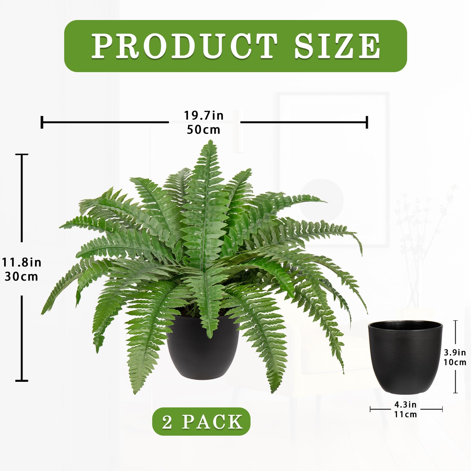 Hollyone Lot de 2 fougères artificielles en pot de 50 cm pour intérieur et extérieur, décoration d'intérieur, jardin, terrasse, balcon, entrée, salon