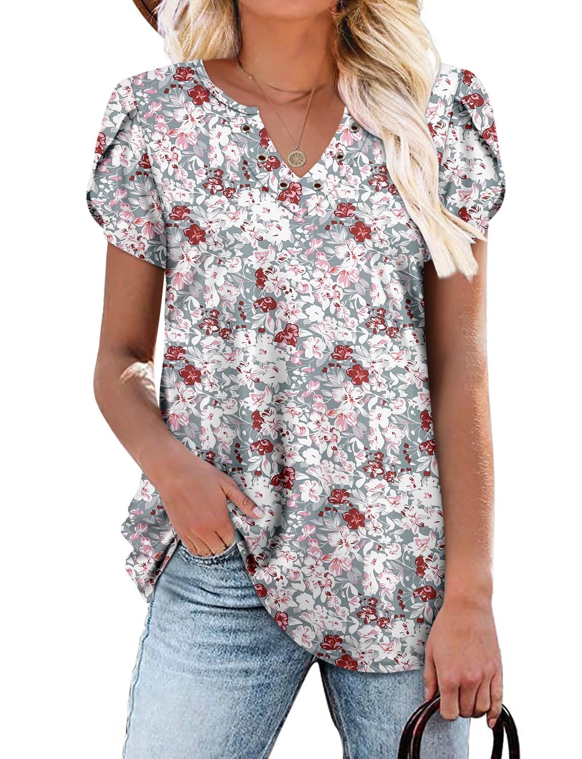 onlypuff Summer Top for Women V Neck Short Sleeve Shirts Flowy Tunic Tops