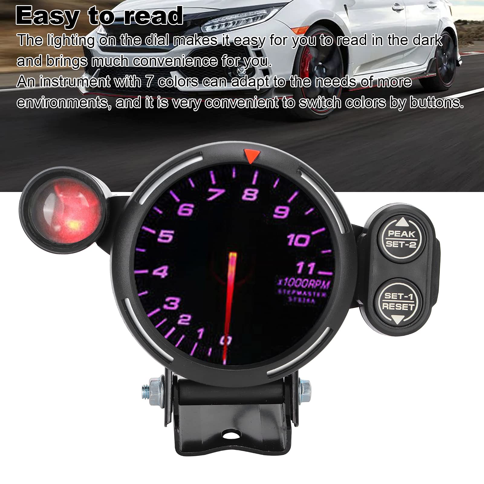 3.75 Inch RPM Gauge - 7-Color Illuminated Car Tachometer For 4/6/8 Cylinder Vehicles