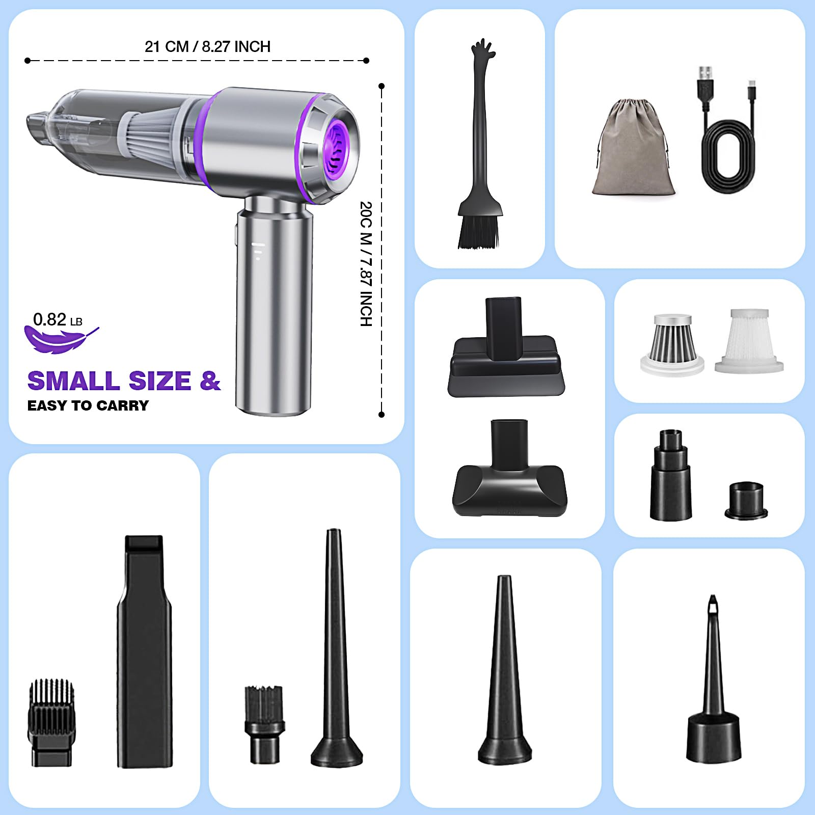 Aspirabriciole Senza Fili,20000Pa 4 in 1 Aspirapolvere portatile per auto Batteria 6000mAh con Motore Brushless Spolverino d'aria e soffiatore d'aria e pompa Aspirapolvere portatile per auto
