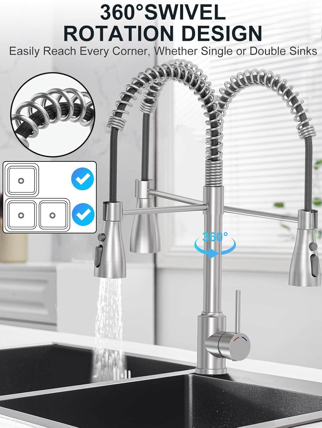 Mitigeur Cuisine avec Douchette Extractible, Robinet Évier Cuisine en Acier Inoxydable, Bec Pivotant 360°, 4 Modes de Jet, Arc Haut pour Évier de Cuisine 1 Trou