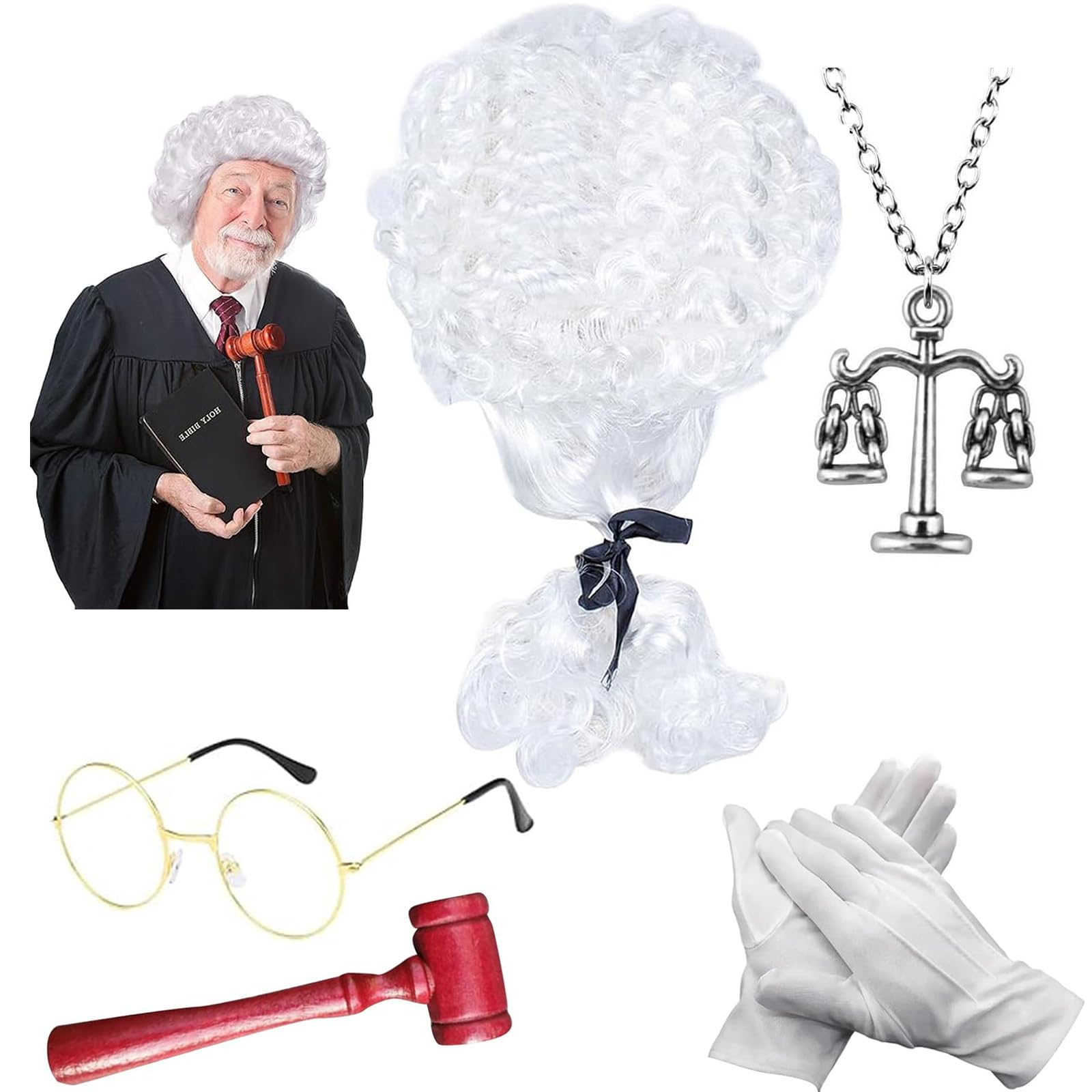 LIUQOBN 5pcs Judge Court Lawyer Costume Accessories Wig, Wave Hairpiece,Halloween Makeup Themed Party, Fancy Costumes (White)