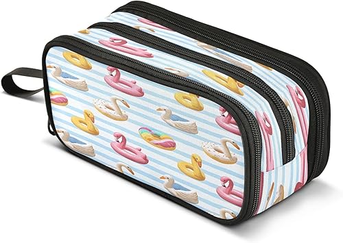 ALAZA Flamingo Swan Circlen Bule Stripes Pencil Case Large Capacity Pencil Pouch girls boys Large Storage Pen Bag 3 Compartment Pencil Cases for