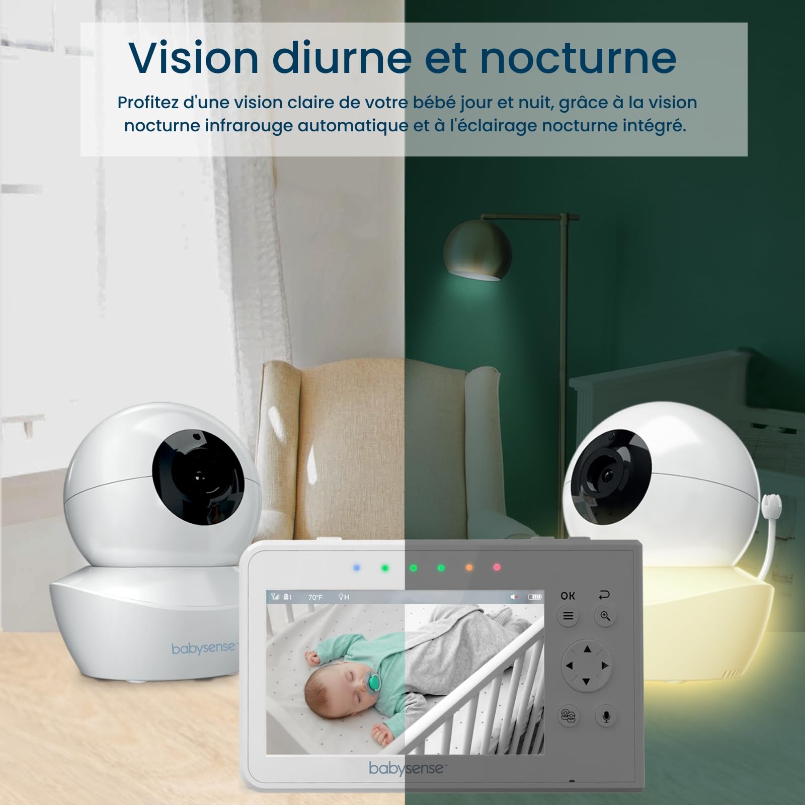 Babysense Moniteur Vidéo pour Bébé, Babyphone avec Écran Divisé 4,3“ et 2 Caméras, Veilleuse Réglable, Conversation Audio Bidirectionnel, Fonction PTZ, Longue Portée, Vision Nocturne, Berceuses
