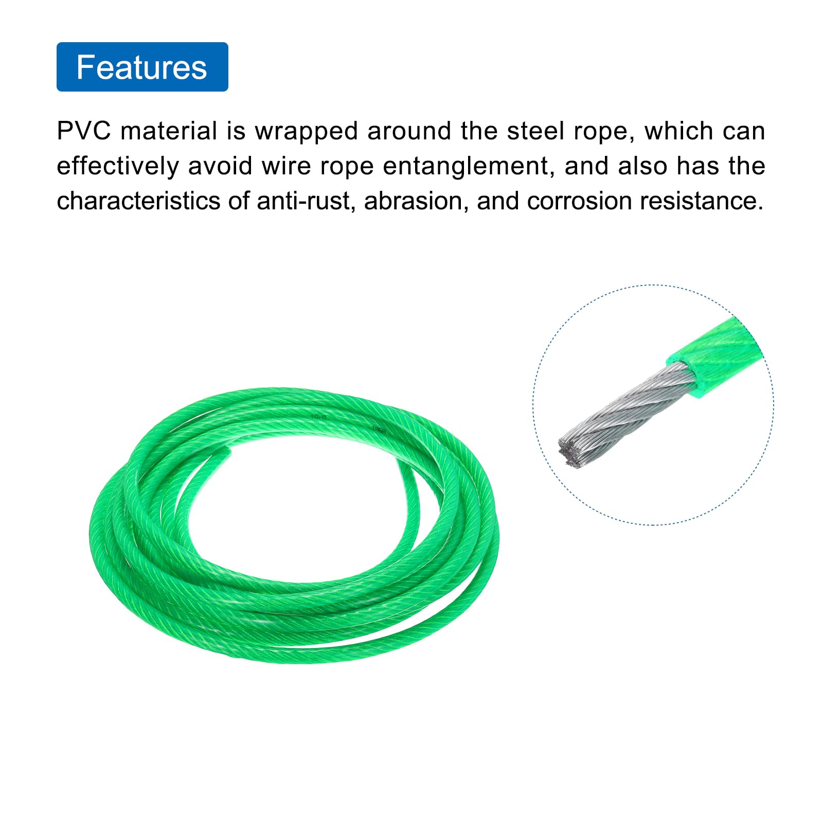 QUARKZMAN 2PCS 10mm 3/8 Pouce Câble Acier Galvanisé Revêtu Vinyle Vert
