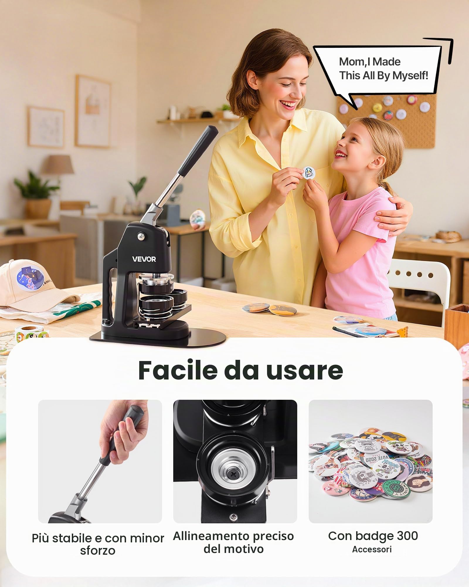 VEVOR Macchina per Spille, Macchina Punzonatrice Manuale con 300 pezzi di Badge Dimensioni 32/58/75mm, Impugnatura Ergonomica, per Spille Personalizzate Fai da te, Nero