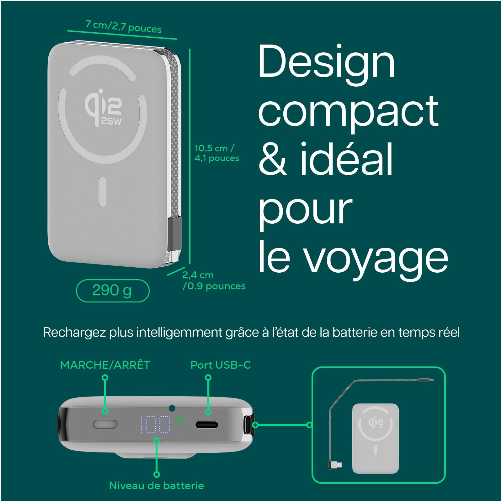 Batterie Externe Magnétique 10000mAh Qi2.2 25W Certifié – Chargeur Sans Fil à Charge Rapide – Câble USB-C 35W Intégré – Power Bank pour MagSafe – Pour iPhone 17/16/15/14/13 Pro/Max par WanderS – Blanc