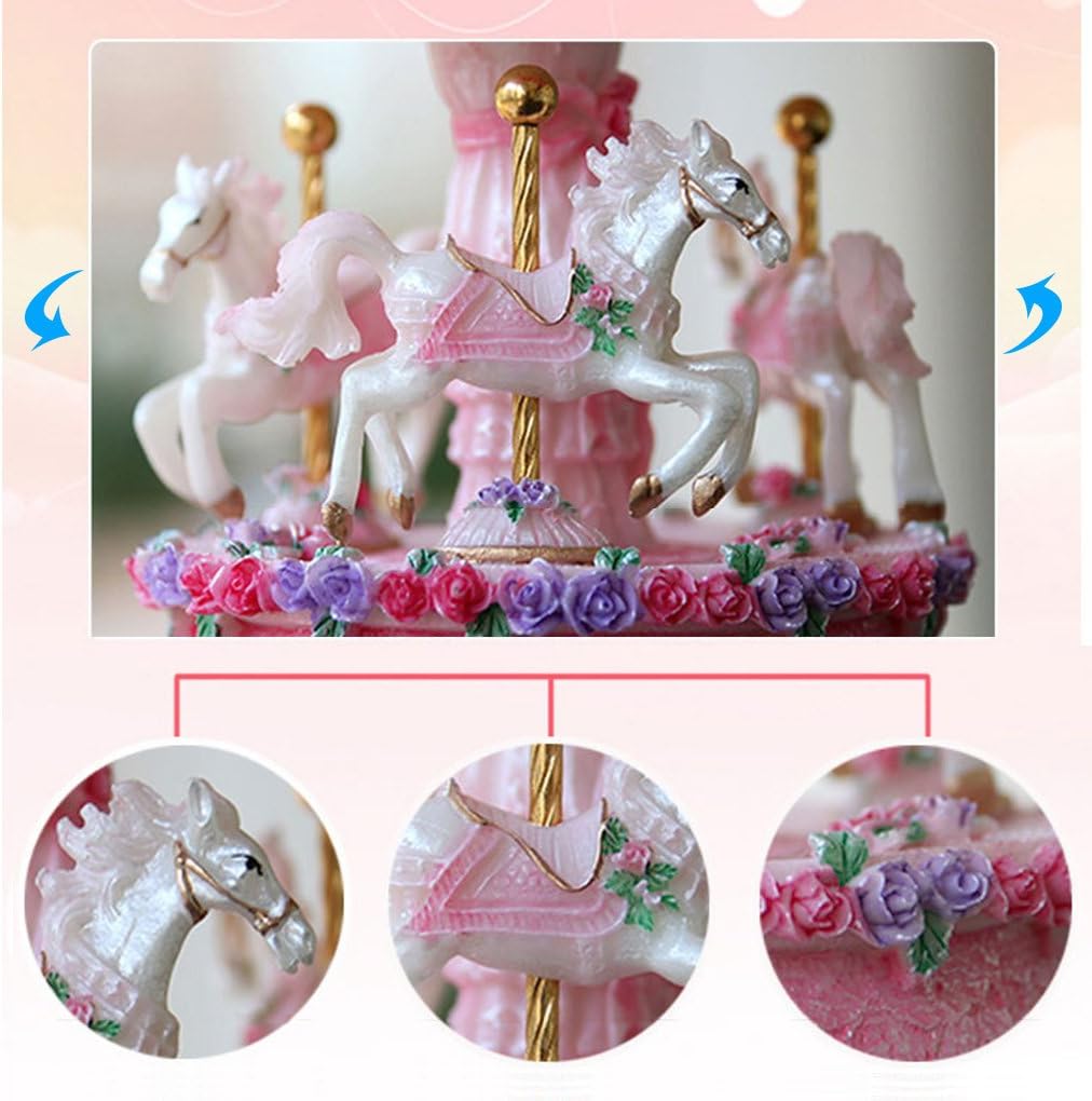 Classical Carousel Horse Music Box LED Lights Twinkling Resin Carved Collectible Mechanical Musical Box with 18-Note Music (3# Carousels)