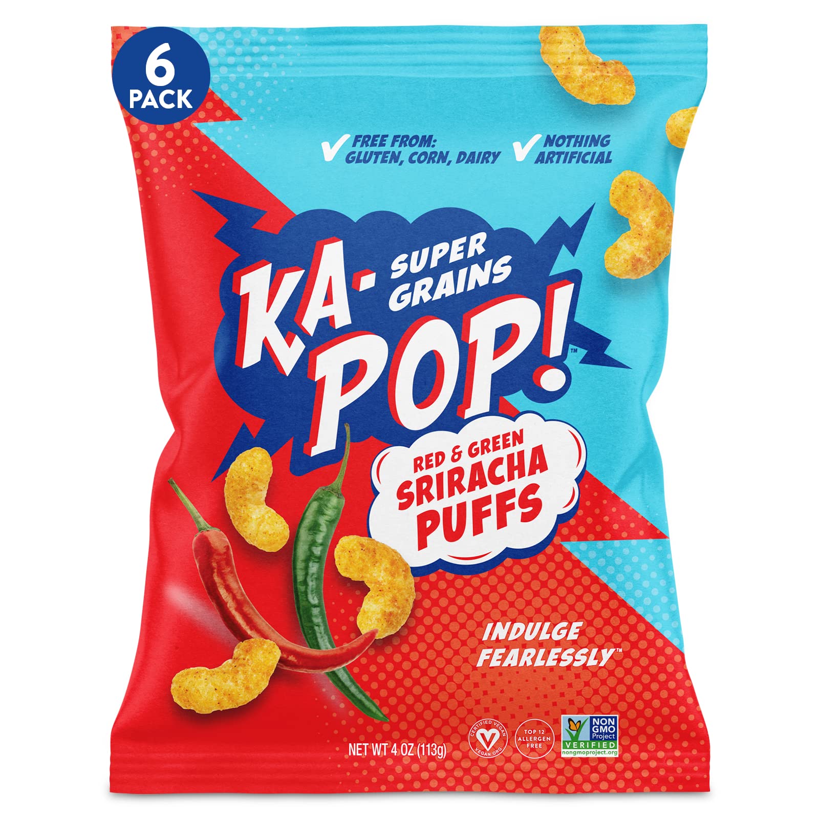 Ka-Pop! Popped Puffs - Sriracha, 4oz, Pack of 6 - Free from Gluten, Corn and Dairy - Kosher, Sorghum, Allergen Friendly, Paleo, Non-GMO, Vegan, Whole Grain Snacks - As Seen on Shark Tank