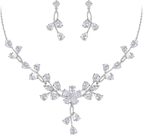 BriLove Wedding Jewelry Set for Bride Teardrop CZ Flower Leaf Filigree Necklace Earrings for Prom