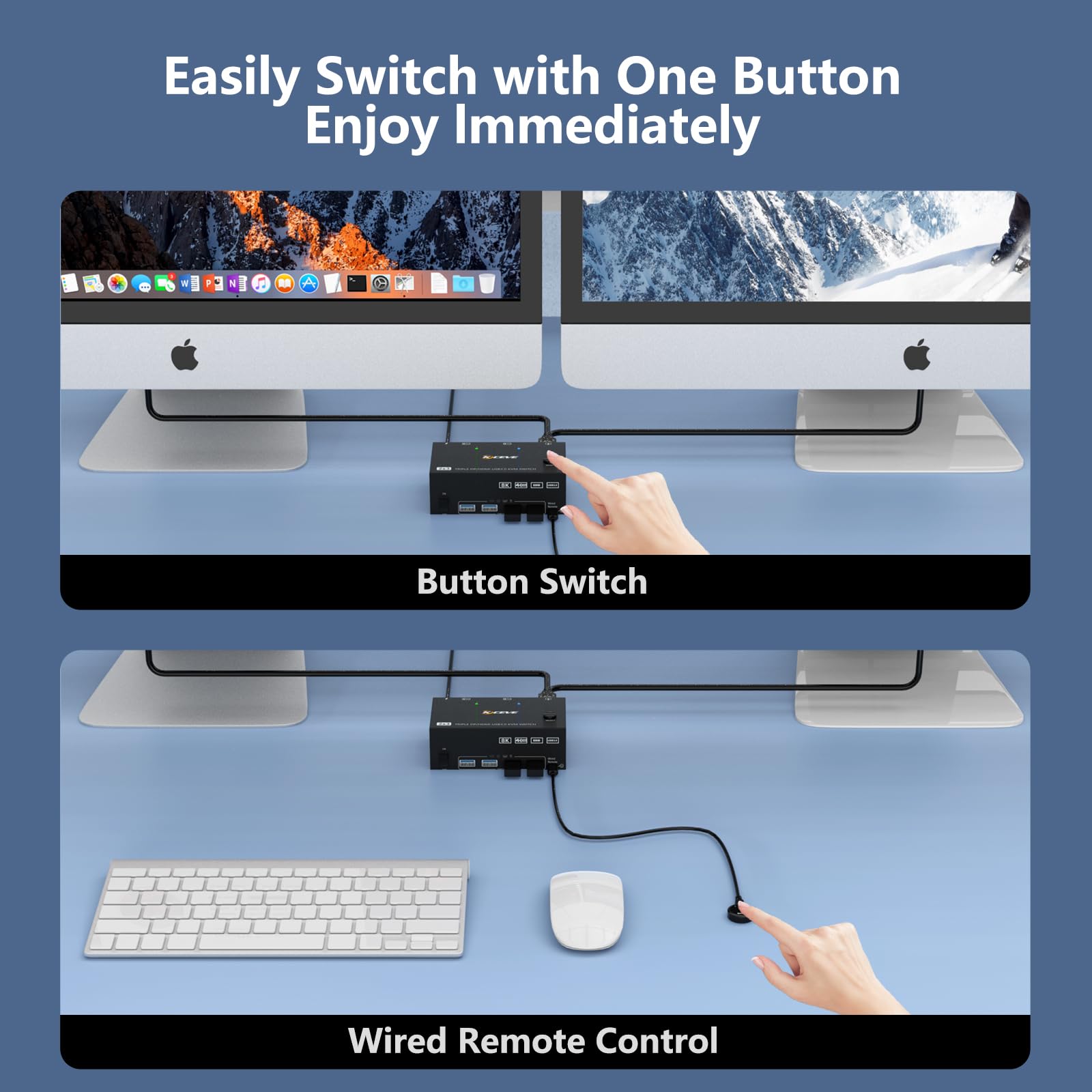 Przełącznik KVM, 2 szt., 3 monitory, 8K przy 60 Hz, 4K przy 144 Hz, ESKEVE HDMI+2 Displayport KVM Switch do 2 monitorów komputerowych, Share 3 i 4 urządzeń USB3.0, z zasilaczem DC 12 V + przewodowym