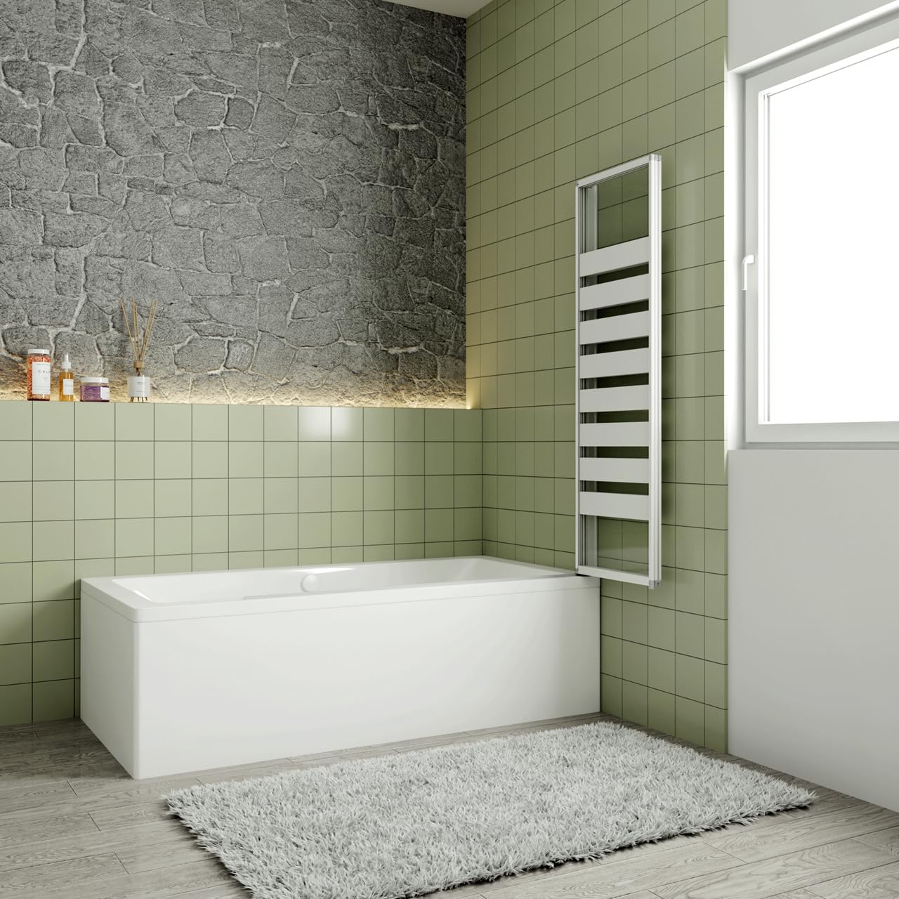 Sopravasca Verso Irreversibile Parete Doccia 130x140cm 3 ante Pieghevoli a Libro Vetro 4 mm Fasce Serigragati Bianchi Telai Argento Opaco