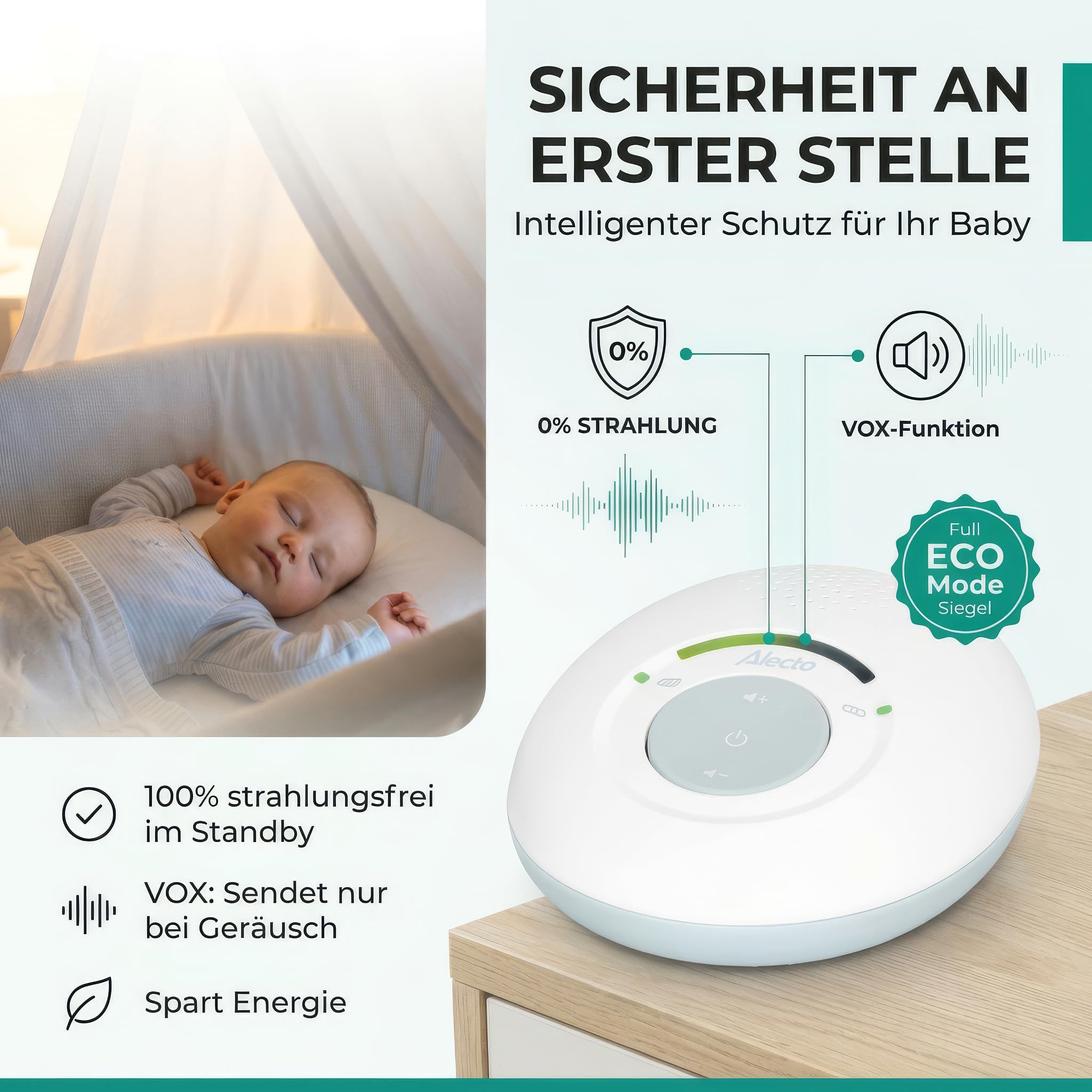 Alecto DBX110 - Audio Babyphone - Babyfon - Baby Phone | DECT - 300 m Reichweite - kompakt - LED Lautstärkeskala - VOX Funktion - strahlungsarm - weiß