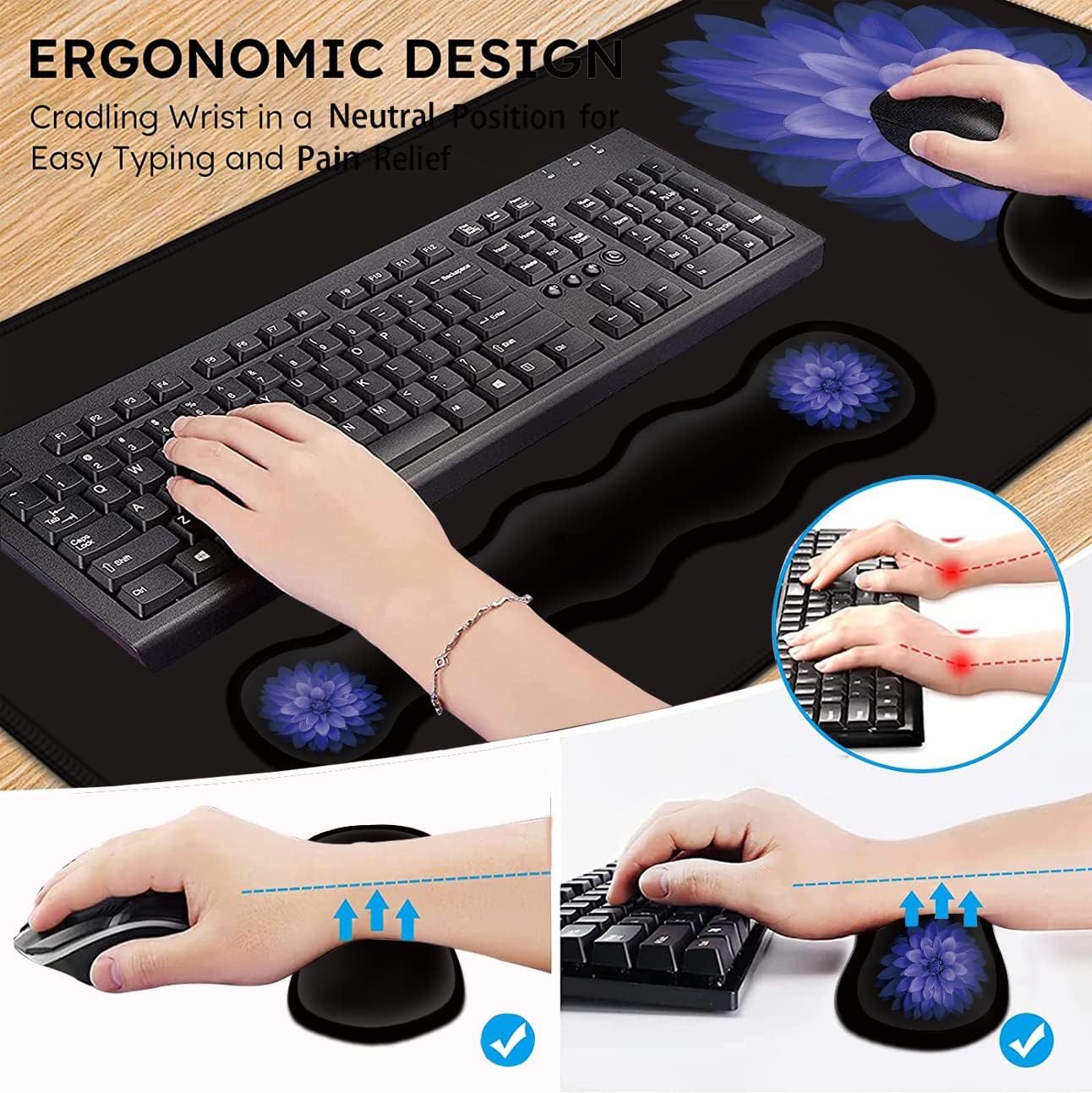 Ergonomic Mouse Pad Set, Desk Mat(31.5×11.8 in) + Keyboard Wrist Rest Support + Mouse Wrist Rest + Coasters for Office,Home,Computer,Laptop -Purple Flowers Cute Black Gaming Large Mousepads XXL