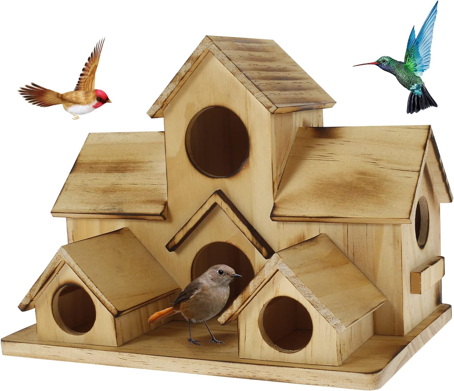 Bird Houses for Outside, Wooden Bird House, Outdoor 6 Hole