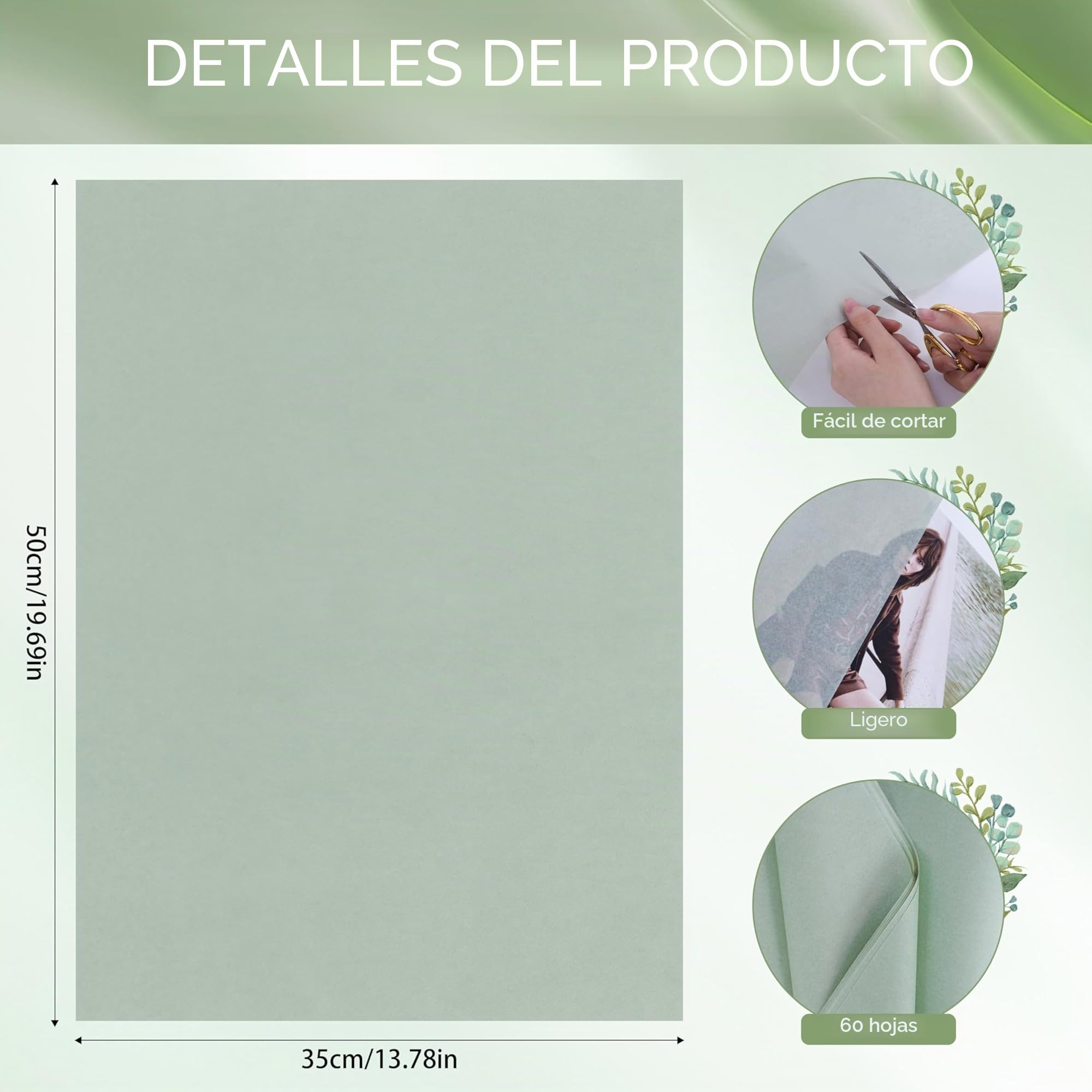 Larcenciel Papel de Seda Verde Salvia, 60 Hojas Mate Papel Seda para Envolver para Rellenar Bolsas de Regalo, Exquisito Embalaje Regalo Artístico para Boda Cumpleaño Fiesta Manualidade DIY, 50x35 CM