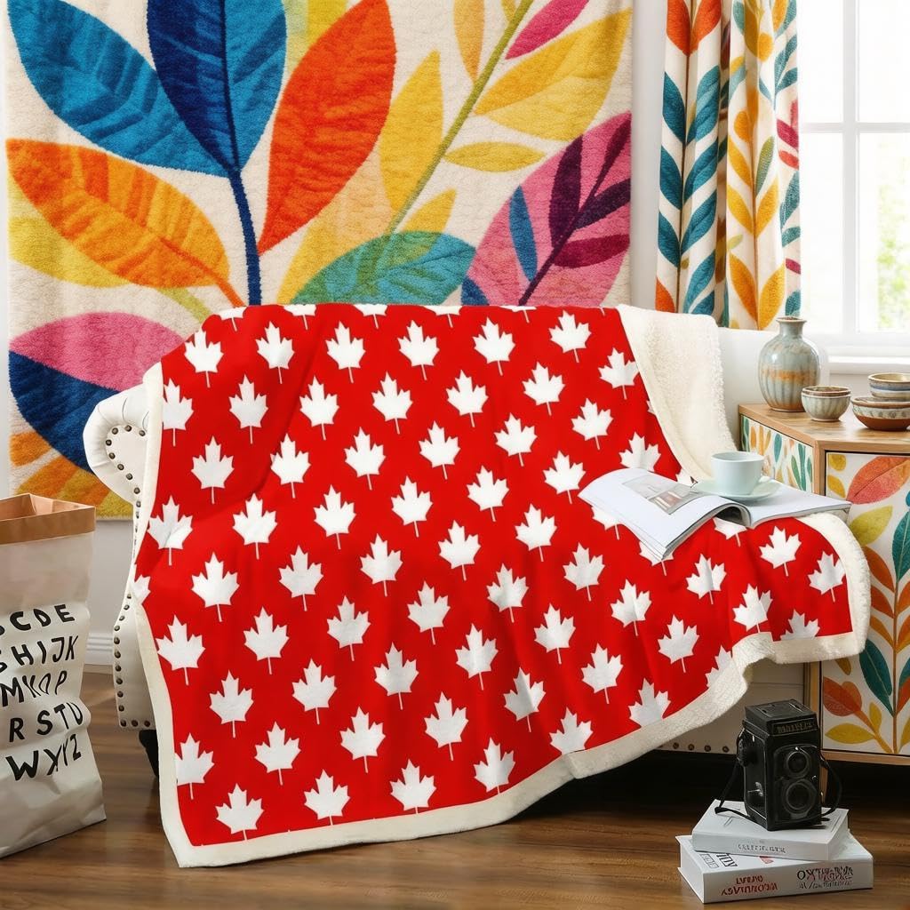Loussiesd Maple Leaves Fleece Blanket Canadian Style Sherpa Blanket for Chair Sofa Couch Leaf Pattern Fuzzy Blanket White Red Leaves Plush Throw Blanket Room Decor Double 60"x79" — image 1