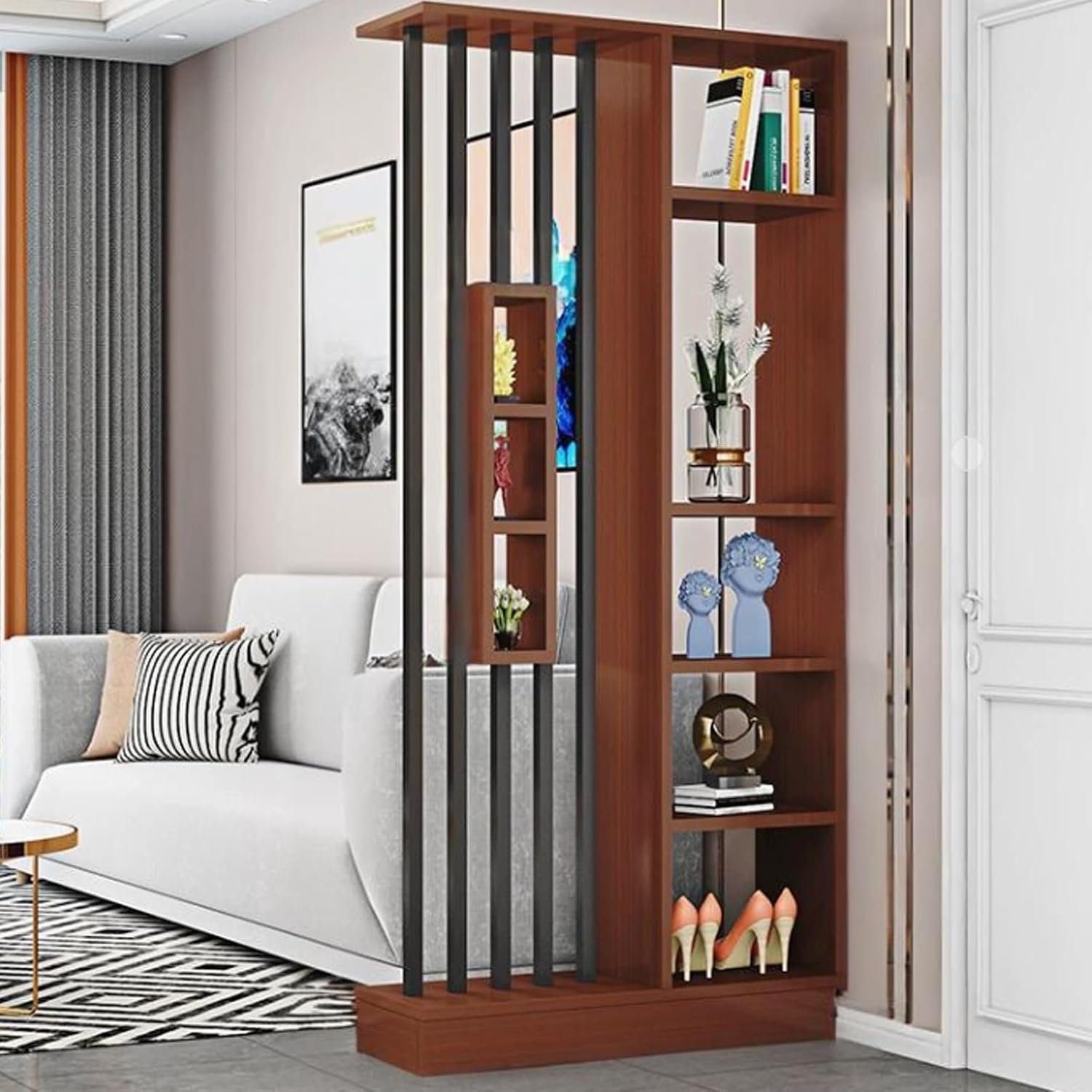 Floor to Ceiling Wall Room Dividers, Entrance Hall Partition Wall Divider, Privacy Screens with Storage Shelf, Wood Room Divider,for Teahouse/Coffee Shop(Black+Teak,80x30x205cm)