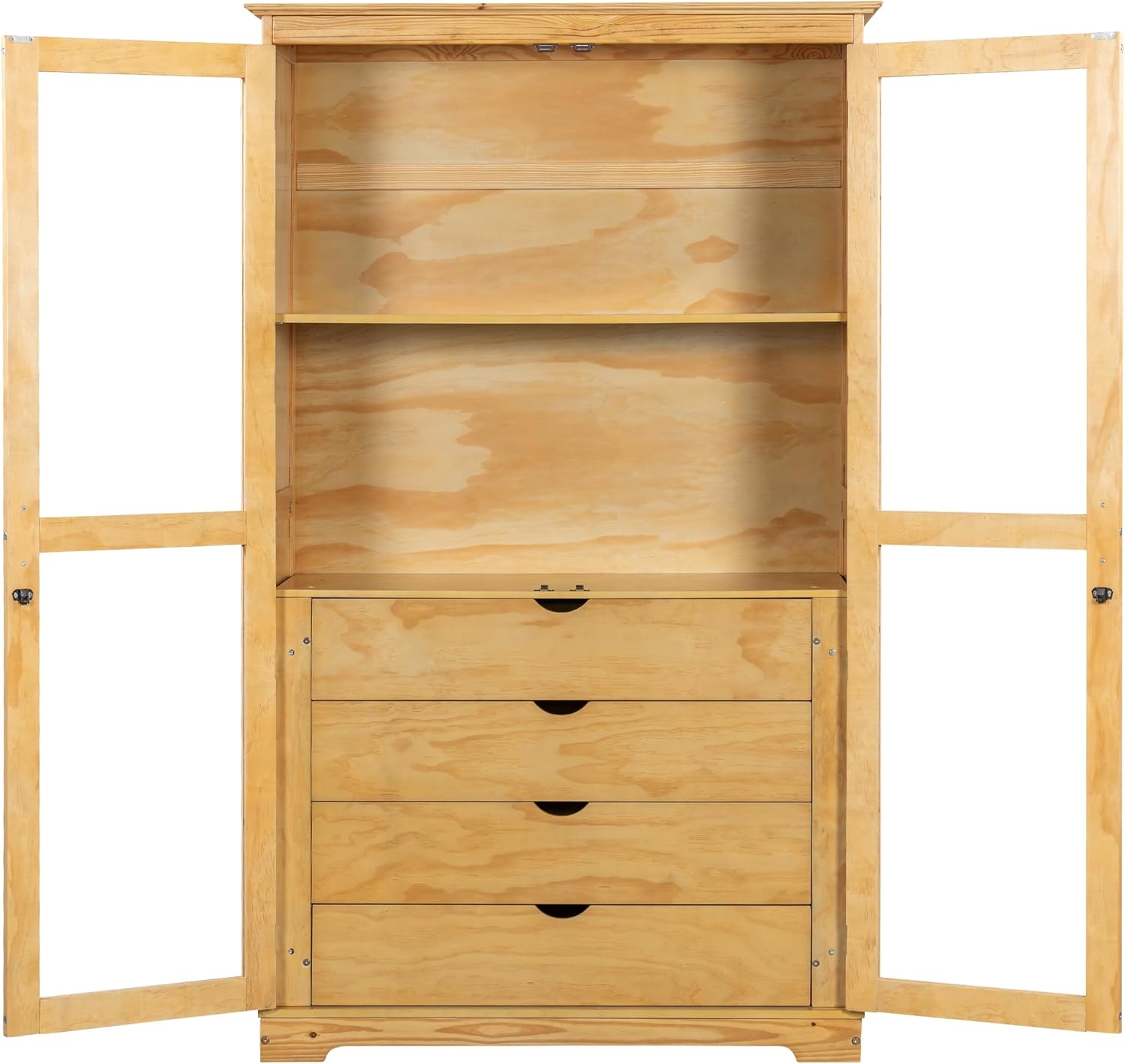 75" Solid Pine Pantry Cabinet with 4-Drawer Buffet, Navy Blue Kitchen Storage Hutch, Freestanding Microwave Stand with Glass Doors (Natural + Pine + Farmhouse)